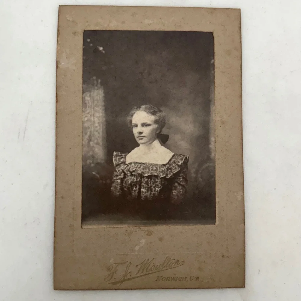Antique Victorian Green Verdigris Ornate Frame with F.J. Moulton Photo of Woman